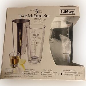 Libbey Bar Mixing Set 3 Count / includes Mixing Glass Shot Glass Metal Shaker